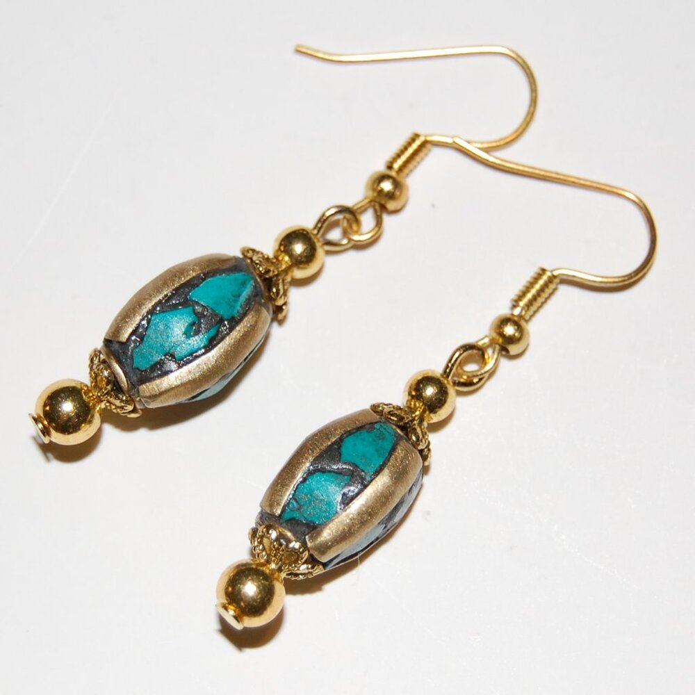 Tibetan Earrings,Ethnic Earrings,Bronze Inlaid Bead Earrings,Red Coral,Turquoise